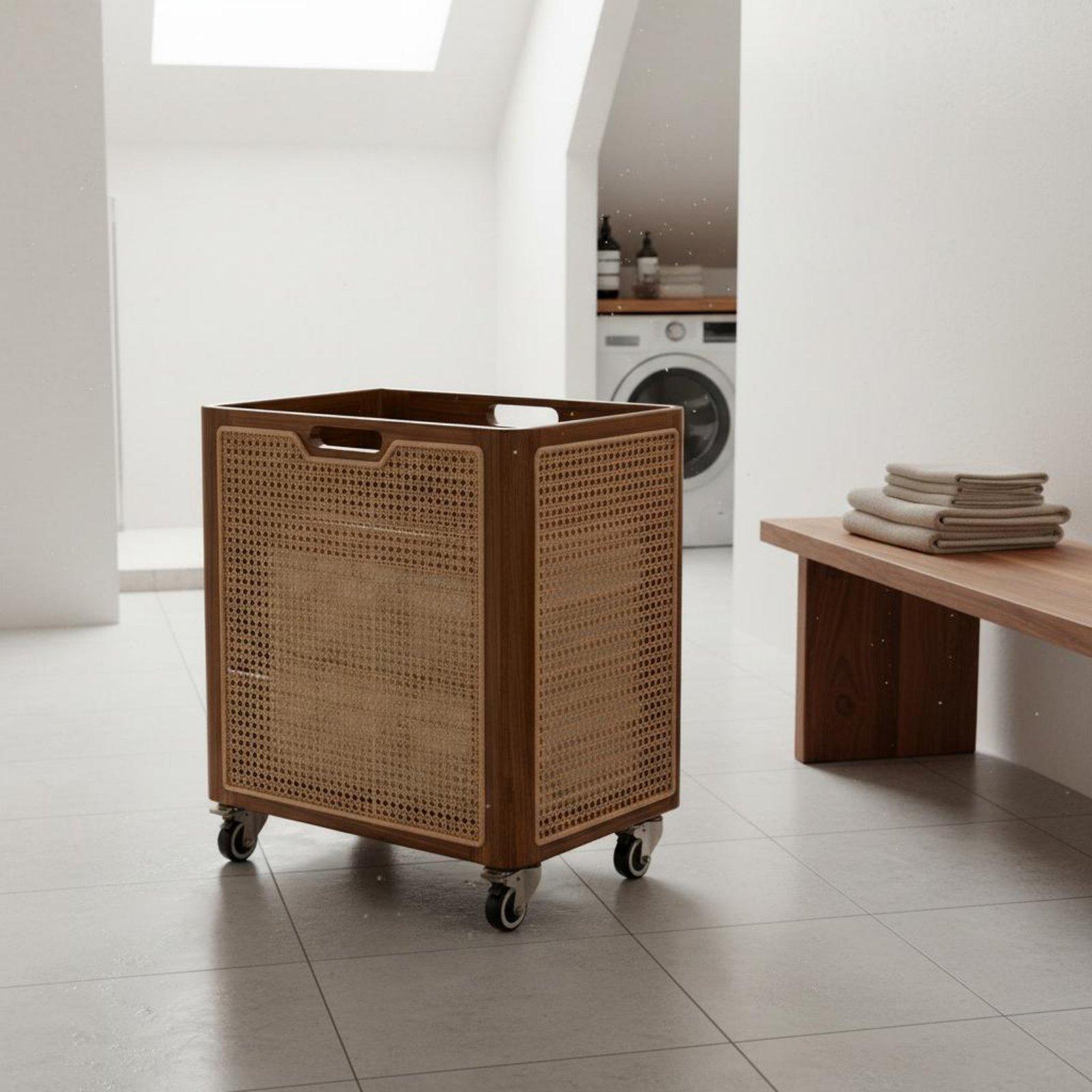 Home Decor Hampers - 木製ランドリーハンパー、装飾的なボヘミアンスタイルのローリングランドリーバスケット、移動が簡単、洗面所、寝室用の家庭用収納