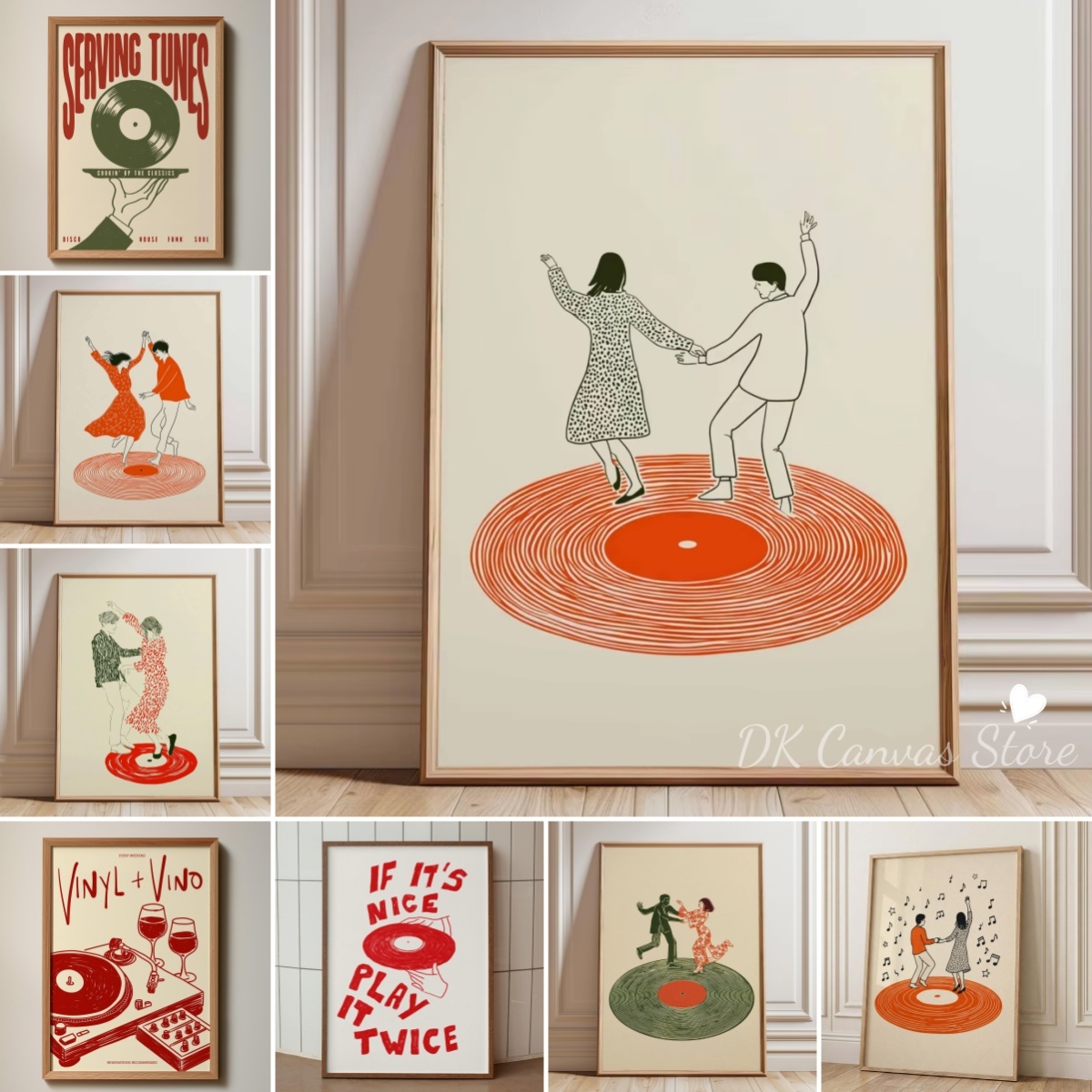 Home Decor Aesthetic Pinterest - レトロレコードプレーヤー踊るカップルキャンバスプリントポスター現代音楽にインスパイアされたイラストアートプリントバレンタインデーの家の装飾