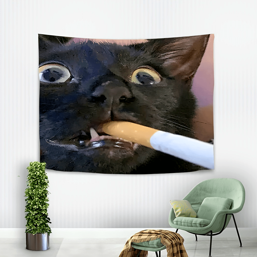 Home Decor Emoji - VIKAMA 面白い喫煙する黒猫ミームタペストリー 壁掛け ホームデコレーション 寝室 リビングルーム