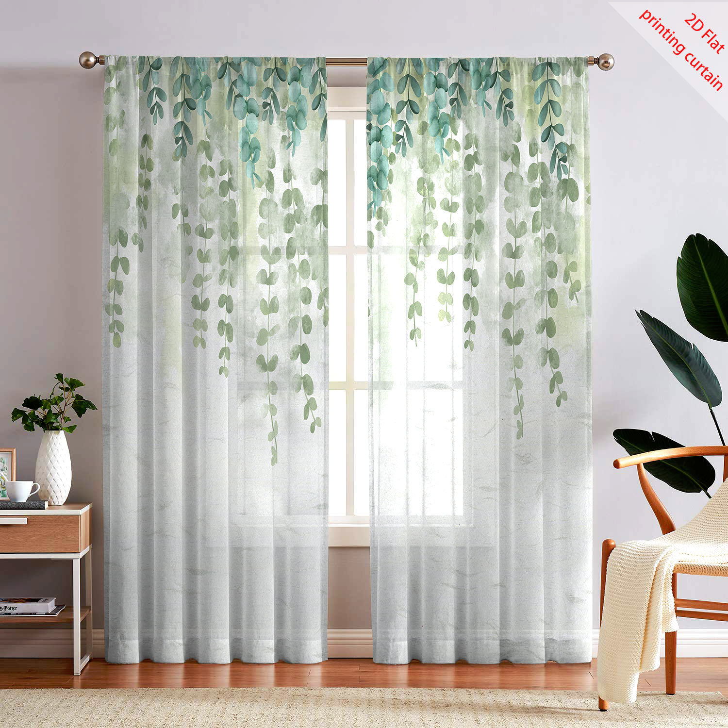 Home Decor Youtube - 植物、花、鳥の模様がプリントされた透明なガーゼカーテン、家庭、寮、寝室の窓の装飾に適しています。