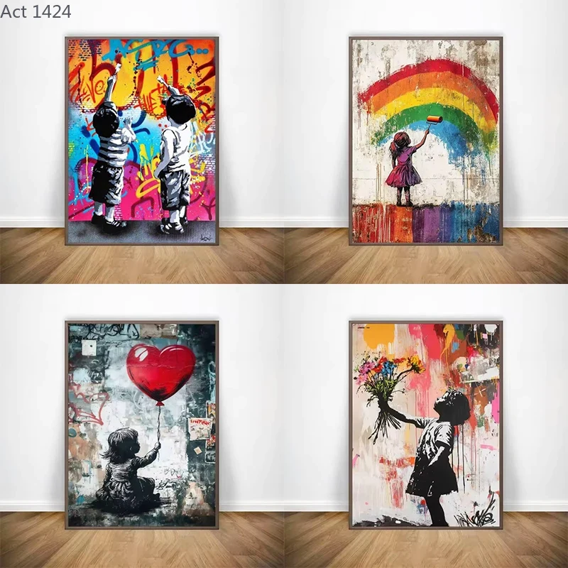 Home Decor Essentials - 抽象的な子供たちが描くポスターと版画、バンクシーのグラフィティアート、キャンバス絵画、リビングルームの家の装飾用ウォールアート絵画