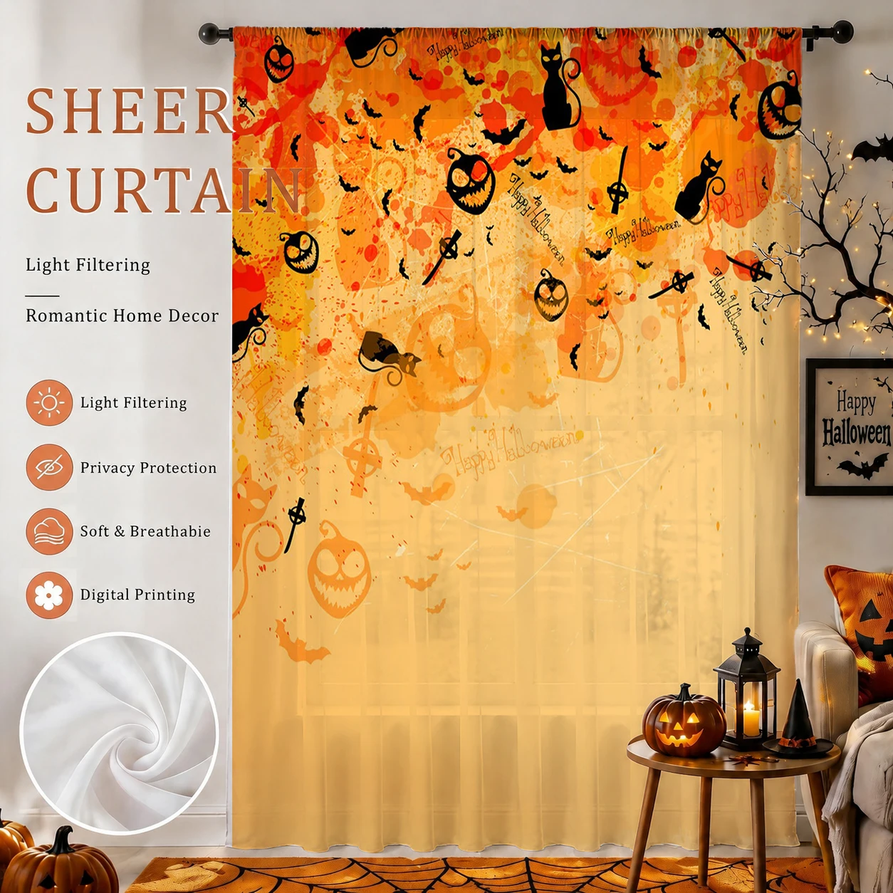 Home Decor Youtube - ハロウィン用シアー カーテンロッドポケット 1個 ハロウィンギフト テーマパーティー 子供部屋装飾用ボイル