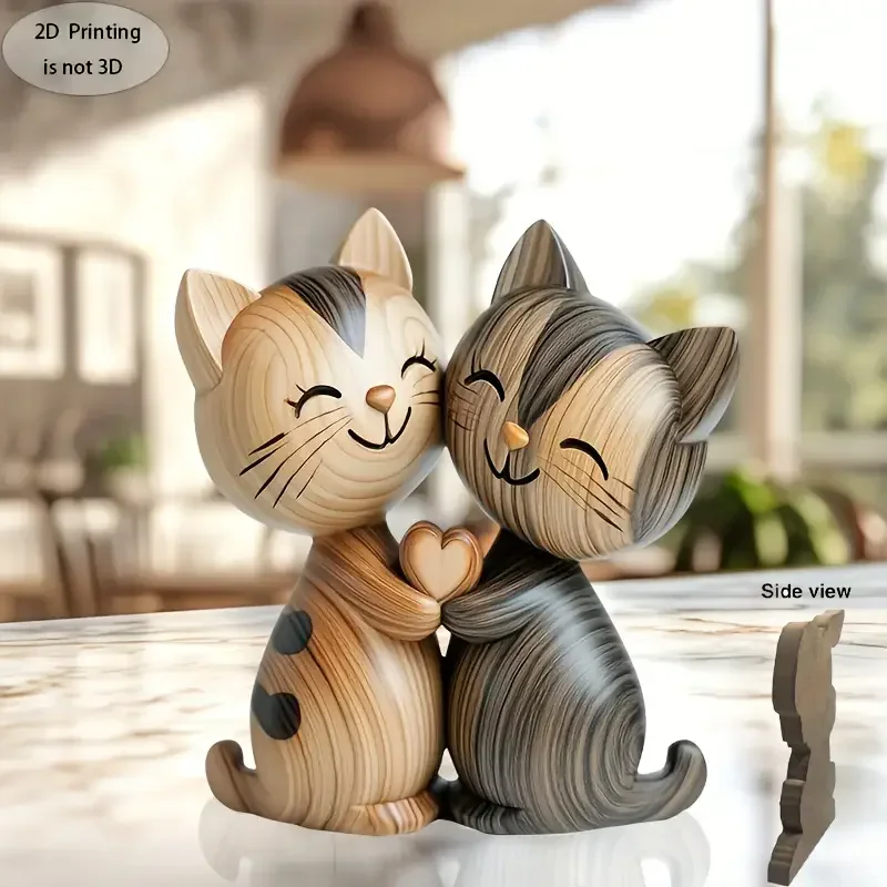 Home Decor Enthusiast - 木製子猫カップル彫刻魅力的な 2D フラット猫愛好家ギフトライトとダーク木目デスクトップ玄関家の装飾