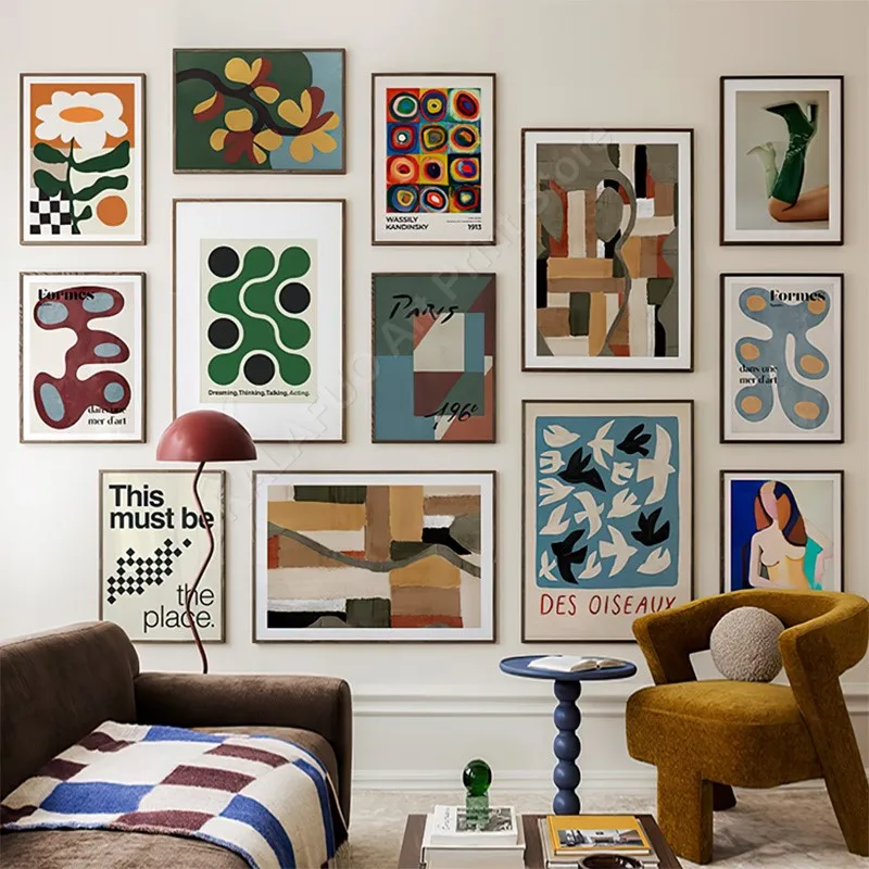Home Decor Aesthetic Pinterest - レトロな鳥と花の液体形状キャンバスウォールアート美的リビングルーム装飾ギャラリーポスタープリント