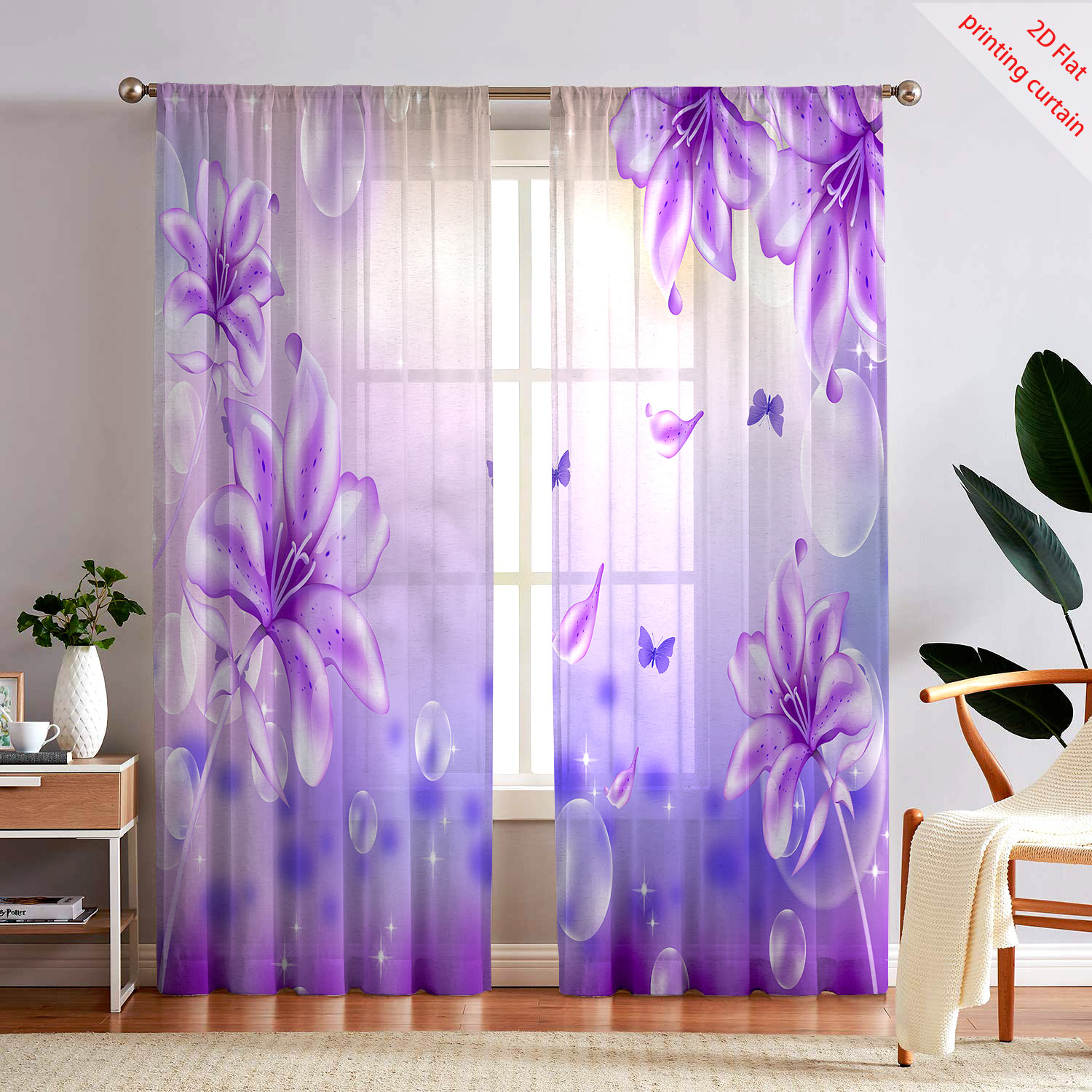 Home Decor Youtube - 紫色の花柄プリント透明ガーゼカーテン、ロマンチックな家の装飾、リビングルーム、寝室、バルコニーの窓用