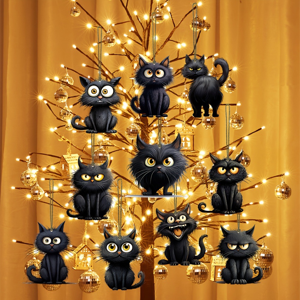 Home Decor Emoji - 手作り黒猫絵文字木製吊り下げ飾り、木製工芸品、クリスマスハロウィン装飾家の装飾アイテム完璧なギフト
