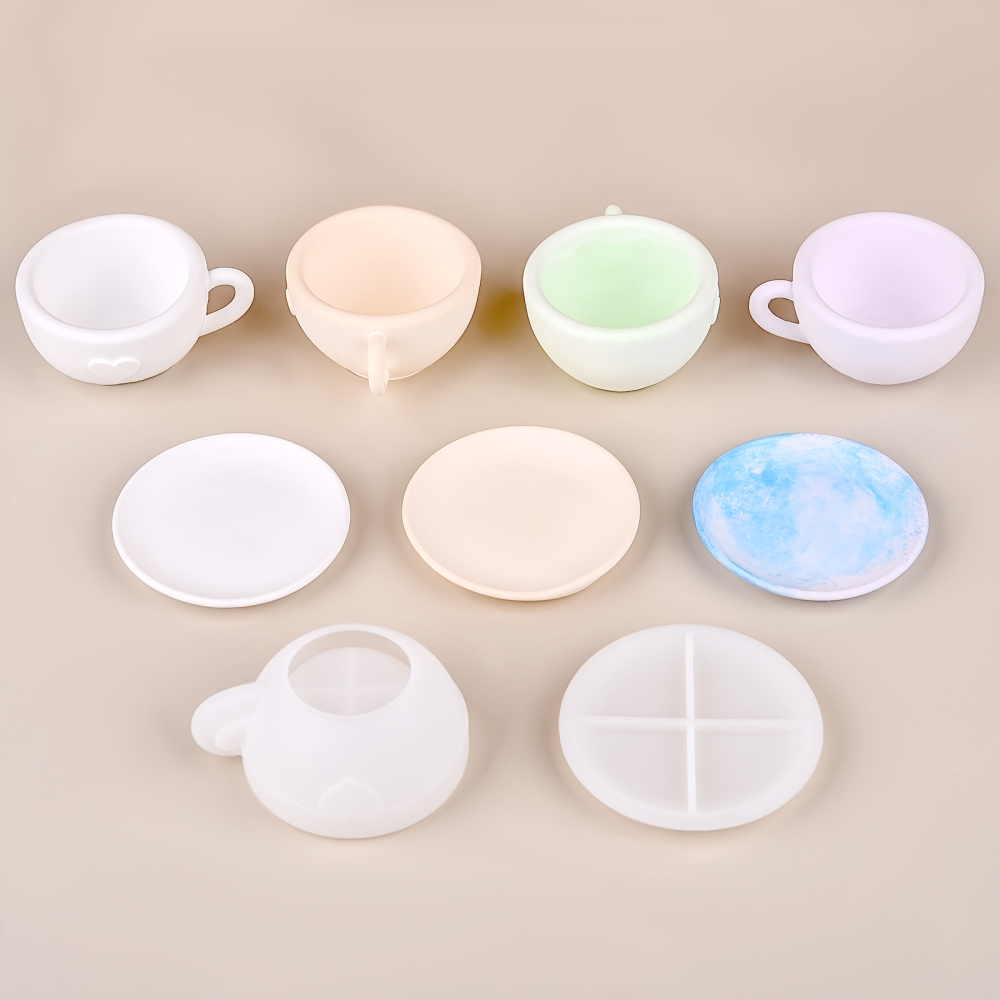 Home Decor Handicraft - 3Dティーカップ型シリコンモールド、トレイ付き、DIY石膏セメントコーヒーカップデコレーション、収納プレートオーナメントモールド、ホームクラフト