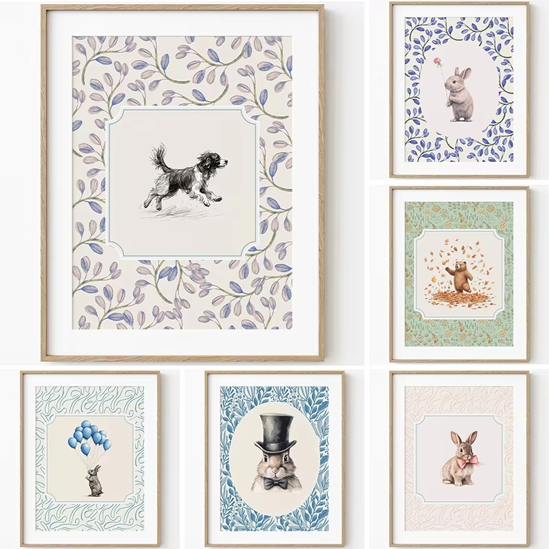 Home Decor Essentials - 北欧ヴィンテージ動物ポスター：ウサギ、犬、白鳥、クマ、羊のフレームレスキャンバスアートプリント、農家風リビングルーム用の家の装飾。