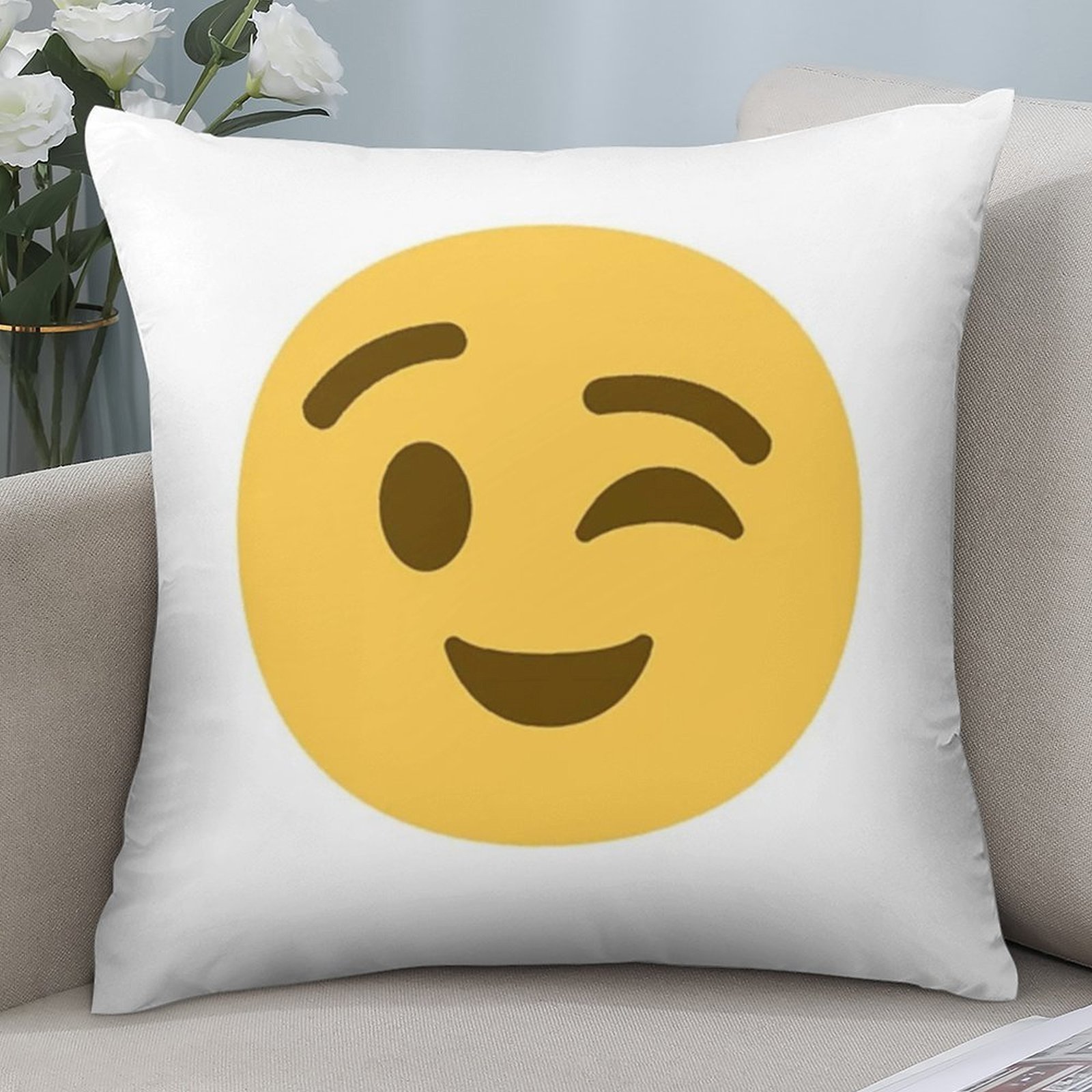 Home Decor Emoji - かわいいウィンキング絵文字枕カバー、黄色いスマイリーフェイスクッションカバー、面白い漫画のホームデコレーション、ソファ、寝室、子供部屋、リビングルーム用