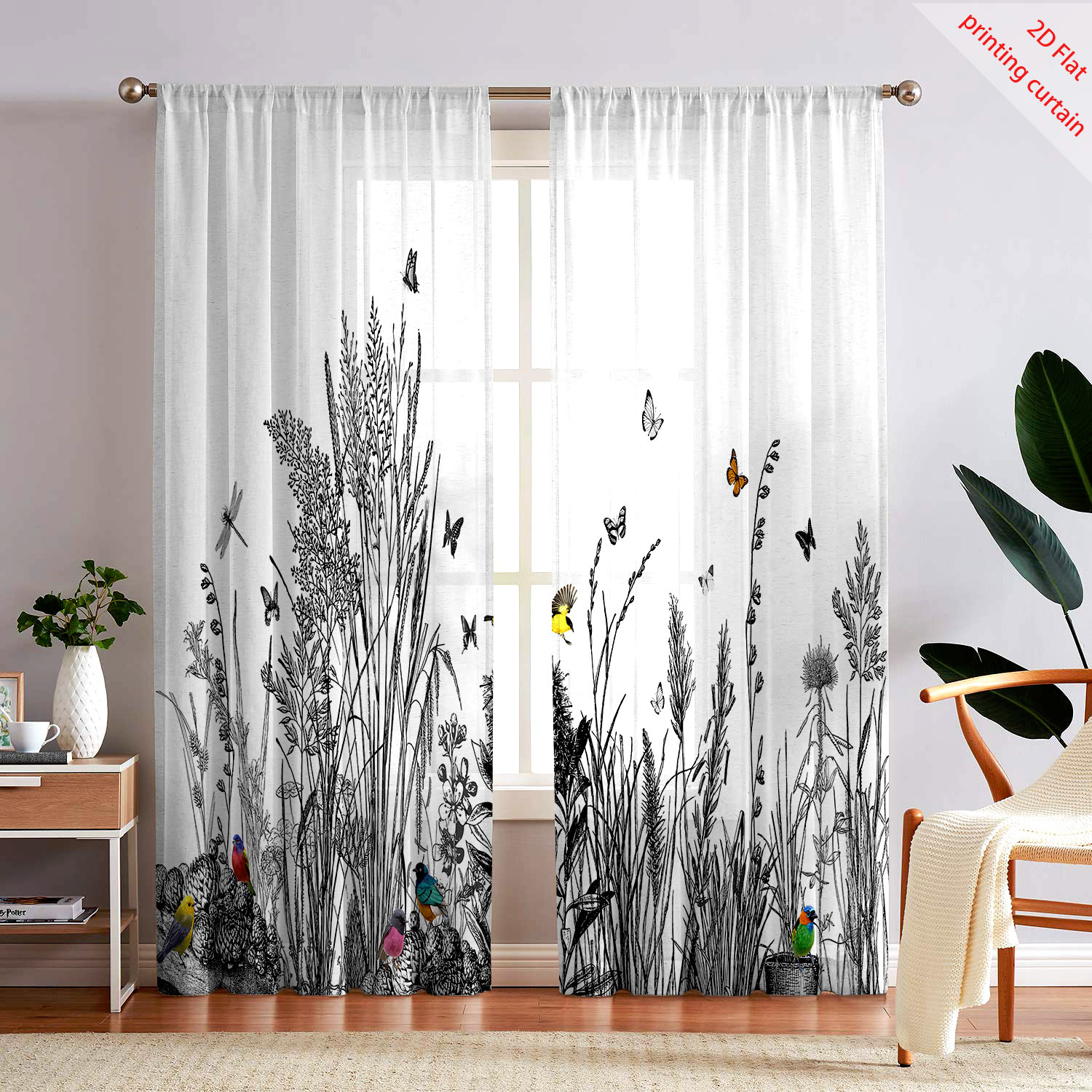 Home Decor Youtube - 植物プリント透明スクリーンカーテンホームウィンドウ装飾フィルムオフィス、リビングルーム、寝室、バルコニーの窓に適しています