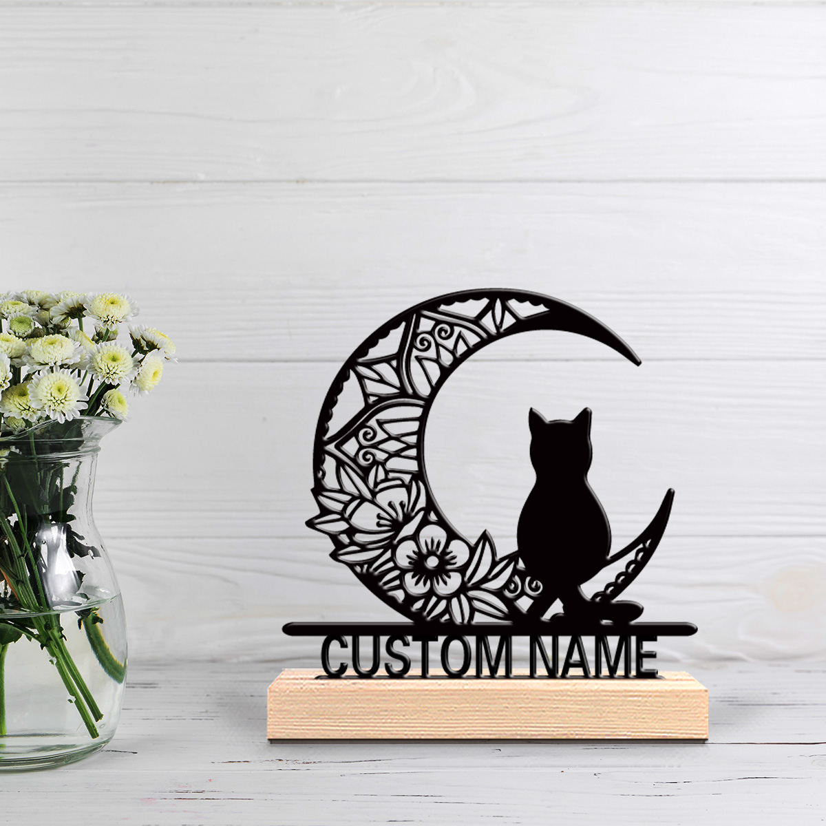 Home Decor Handicraft - 1個入り 抽象的な月猫のパーソナライズテキスト入りブリキ像 金属製オーナメント 木製ベース付き鉄製オーナメント ホームデコレーション用