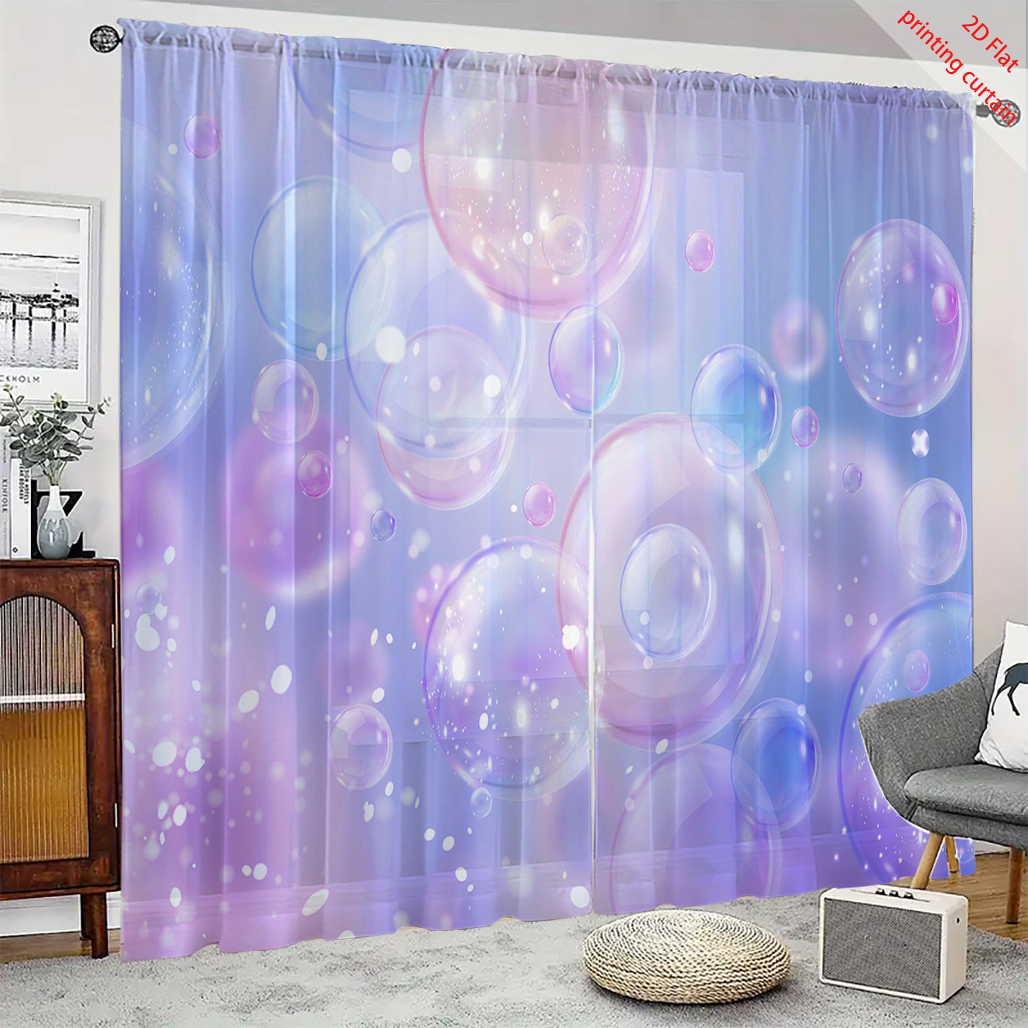 Home Decor Youtube - 夢のようなバブルプリントガーゼカーテン、グラデーション透明カーテン、自宅、オフィス、寮のリビングルームのバルコニーの窓の装飾