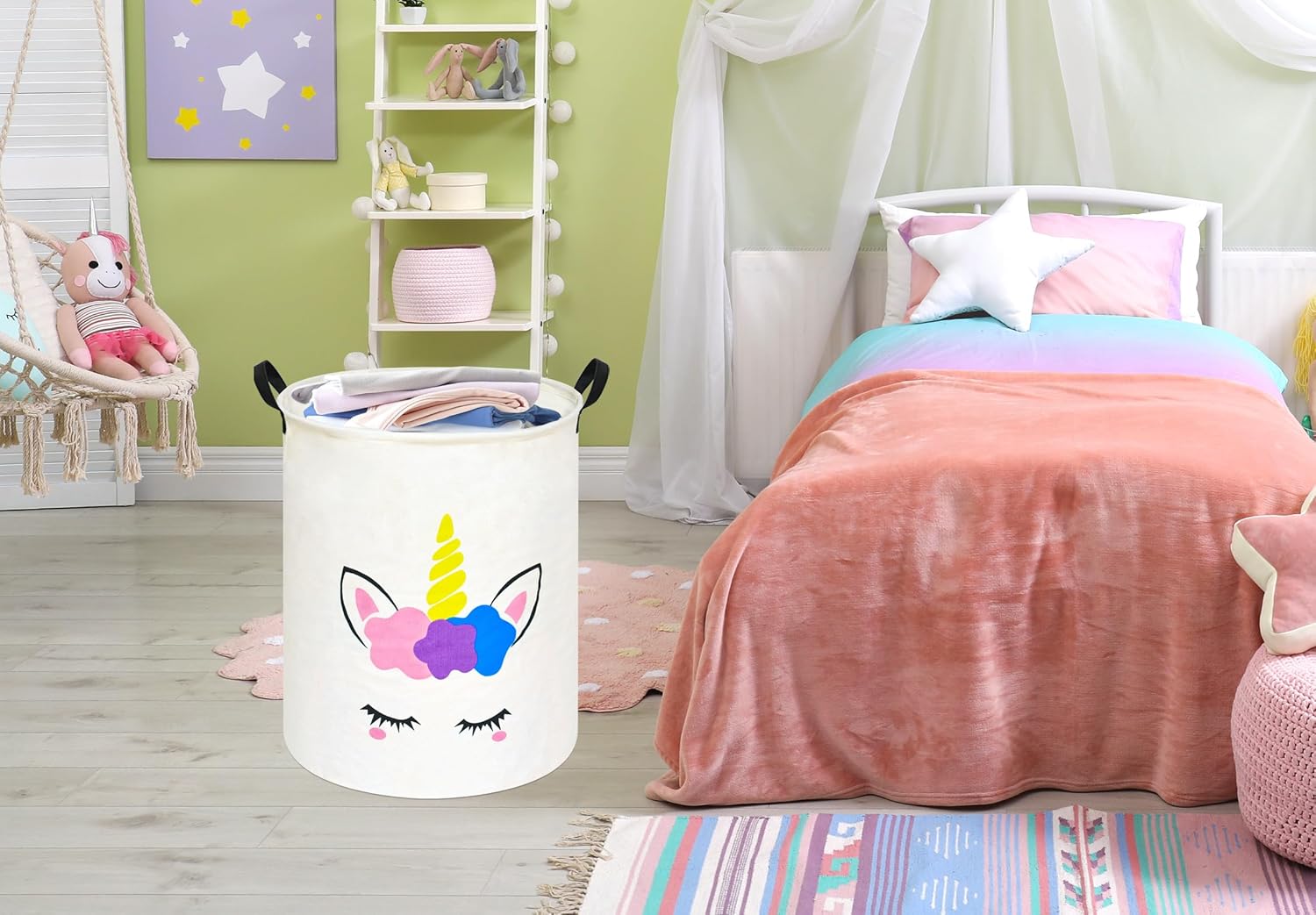 ユニコーン柄丸型ランドリーバスケット収納箱、子供部屋用バスケ - Home Decor Hampers のレビューと価格
