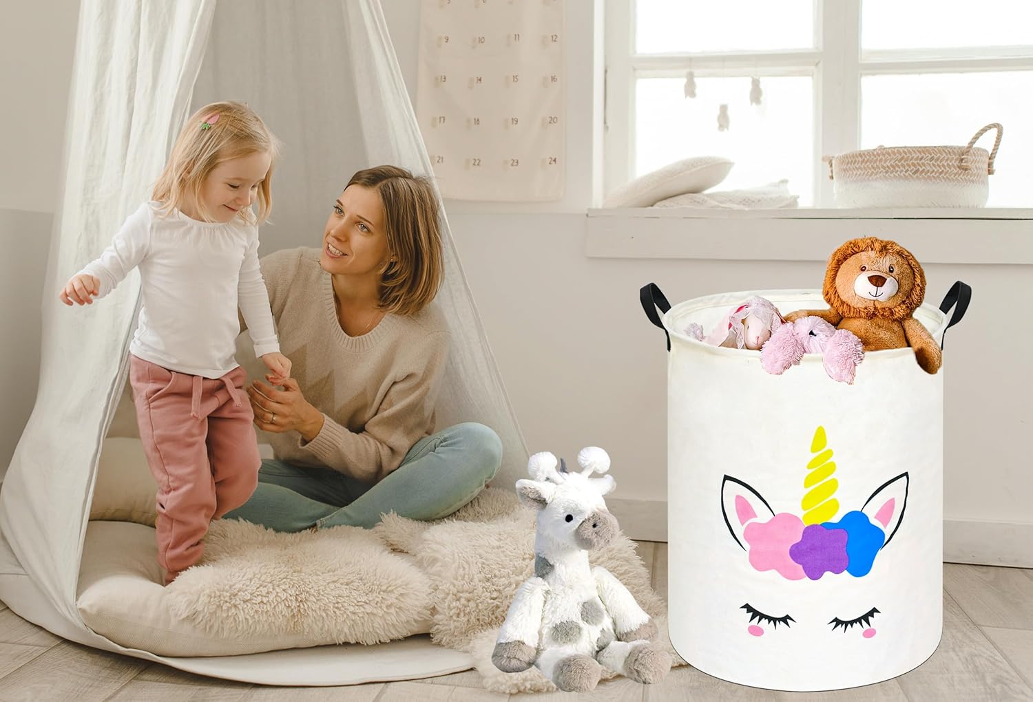 ユニコーン柄丸型ランドリーバスケット収納箱、子供部屋用バスケ - Home Decor Hampers のレビューと価格