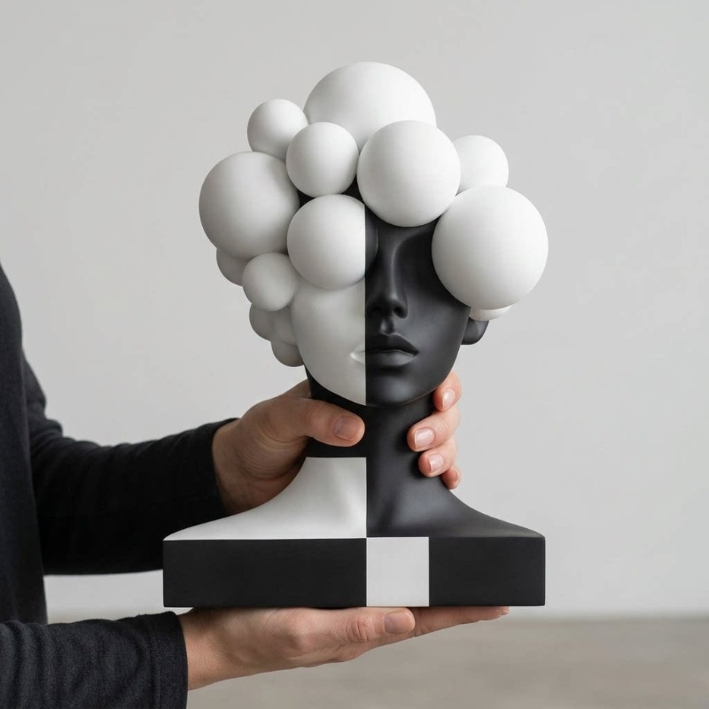モダンな抽象樹脂彫刻 – 白黒の幾何学模様の顔の形をした置物 - Abstract Sculpture Resin のレビューと価格