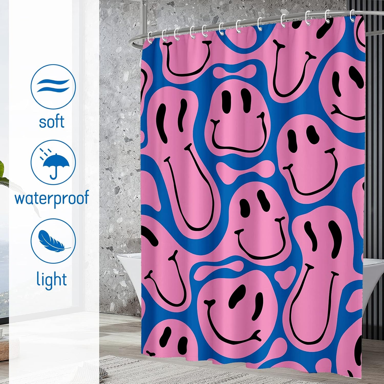 かわいい面白い絵文字フェイスプリントシャワーカーテンブルーピ - Home Decor Emoji のレビューと価格