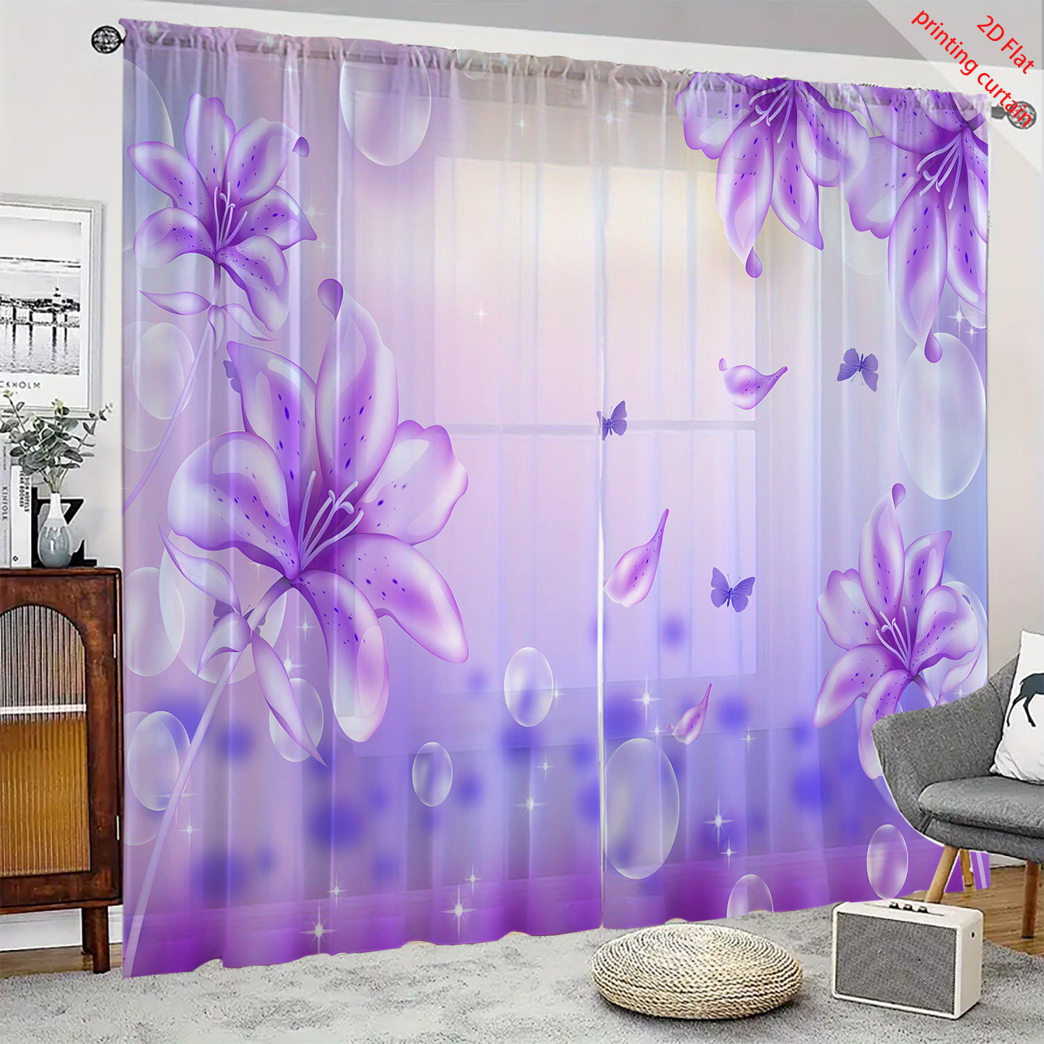 紫色の花柄プリント透明ガーゼカーテン、ロマンチックな家の装飾 - Home Decor Youtube のレビューと価格