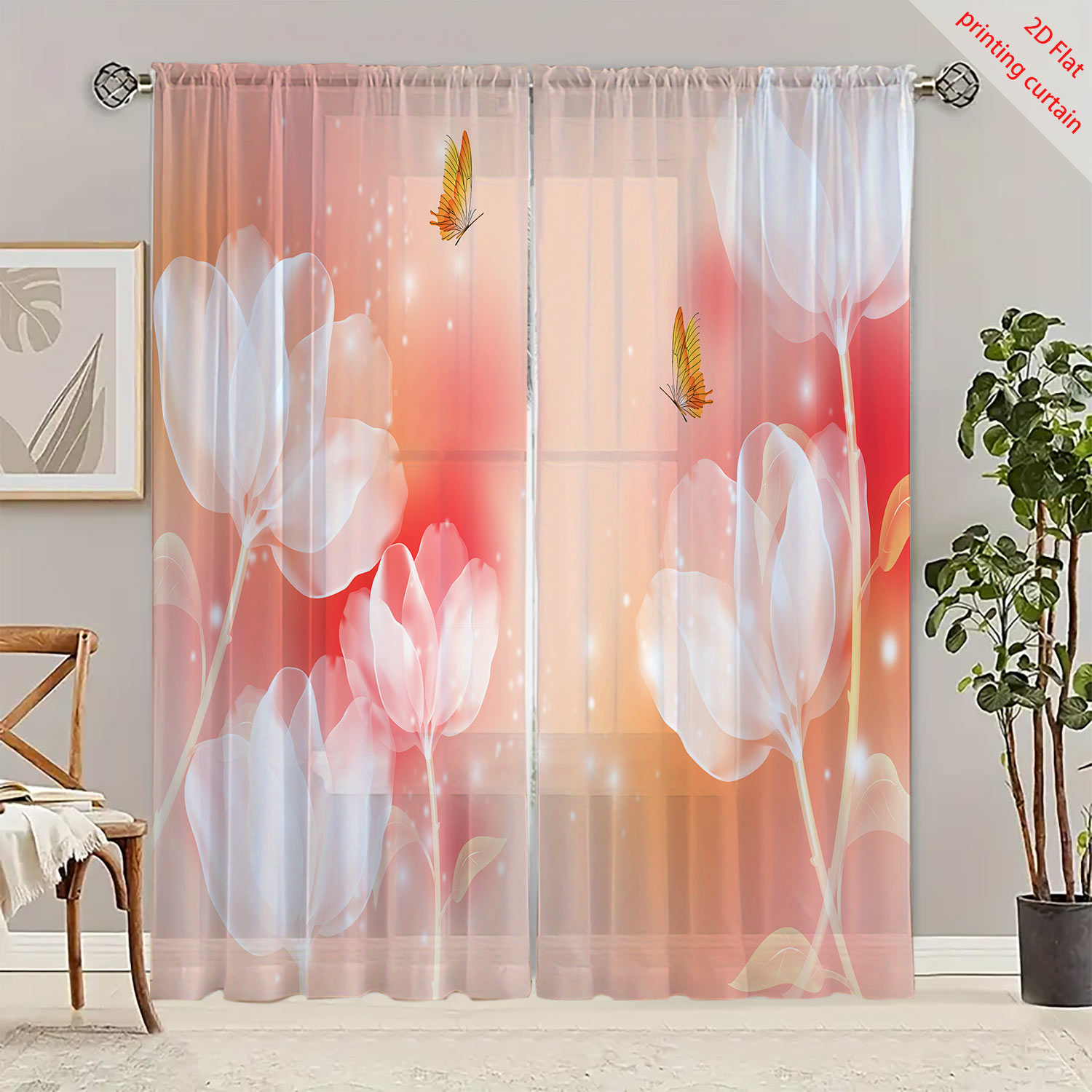 紫色の花柄プリント透明ガーゼカーテン、ロマンチックな家の装飾 - Home Decor Youtube のレビューと価格