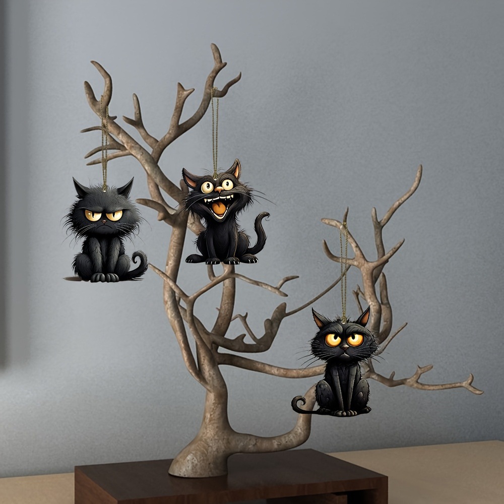 手作り黒猫絵文字木製吊り下げ飾り、木製工芸品、クリスマスハロ - Home Decor Emoji のレビューと価格