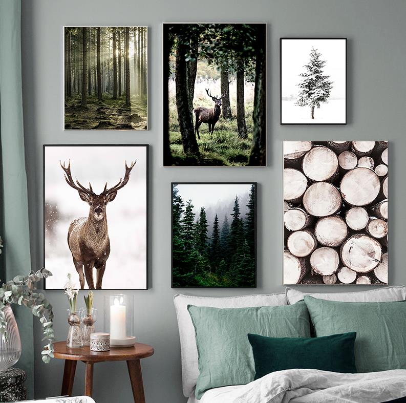 冬の雪の森鹿フクロウ日光風景画北欧朝の風景家の装飾キャンバス - Home Decor Essentials のレビューと価格